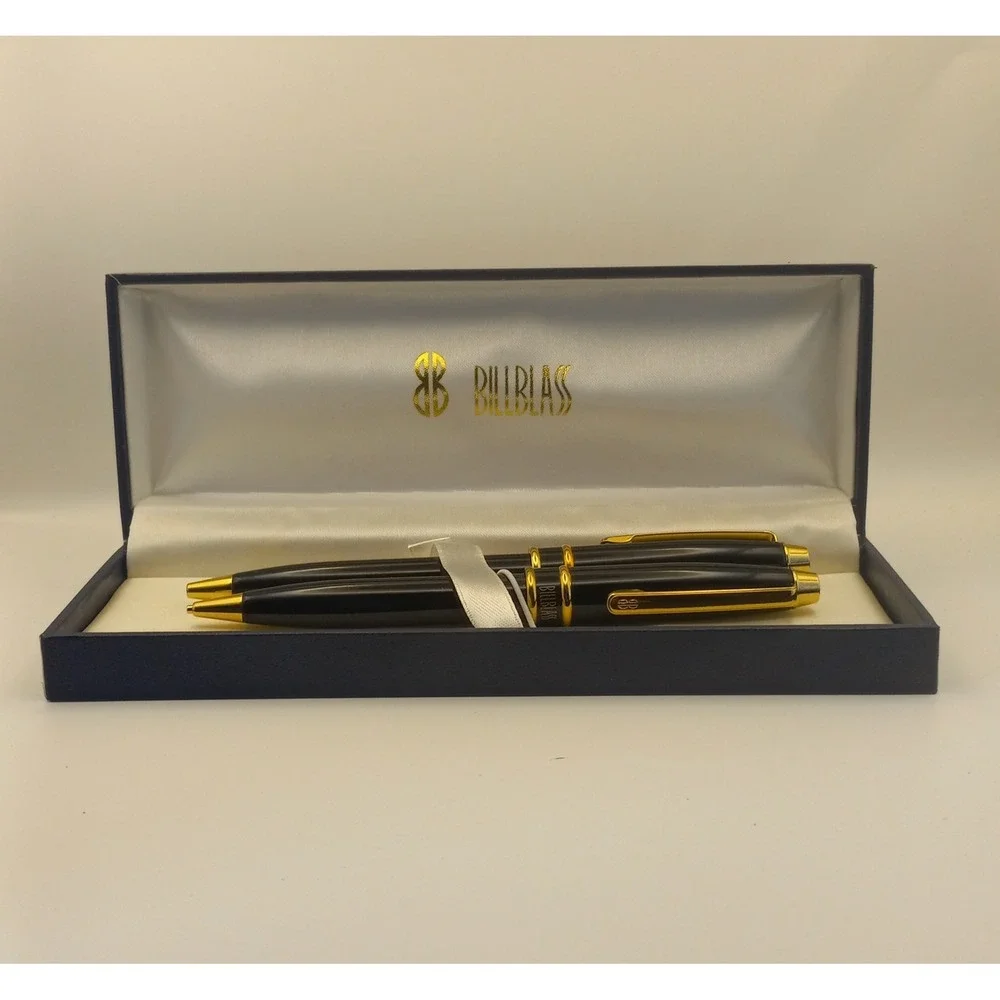Bill Blass Pen and Pencil Set Black Gold Tone Vintage Writing Set 221-2 with Box